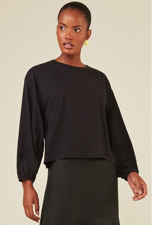 Blusa Manga Bufante Plomeur em Algodão Certificado Preto