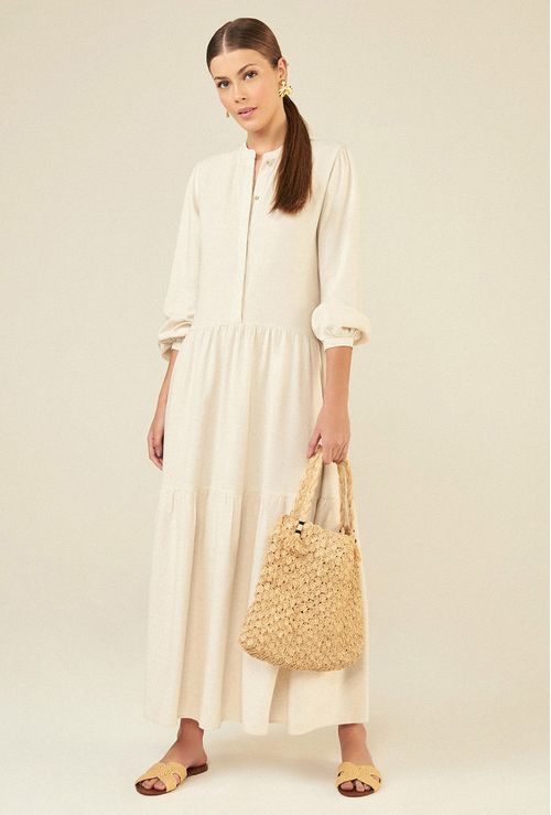 Vestido Montefalco Longo com Manga Bufante Areia