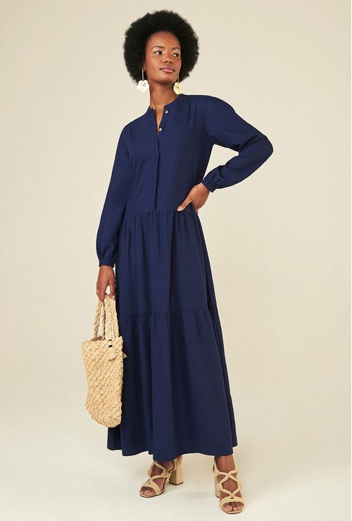 Vestido Montefalco Longo com Manga Bufante Marinho