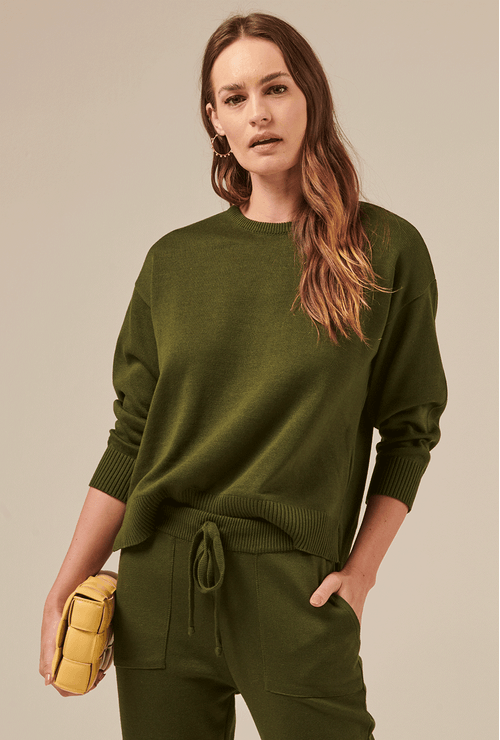 Blusa Burnaby em Tricot Meia Manga Verde Militar