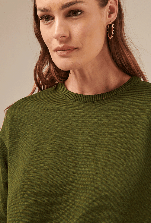 Blusa Burnaby em Tricot Meia Manga Verde Militar