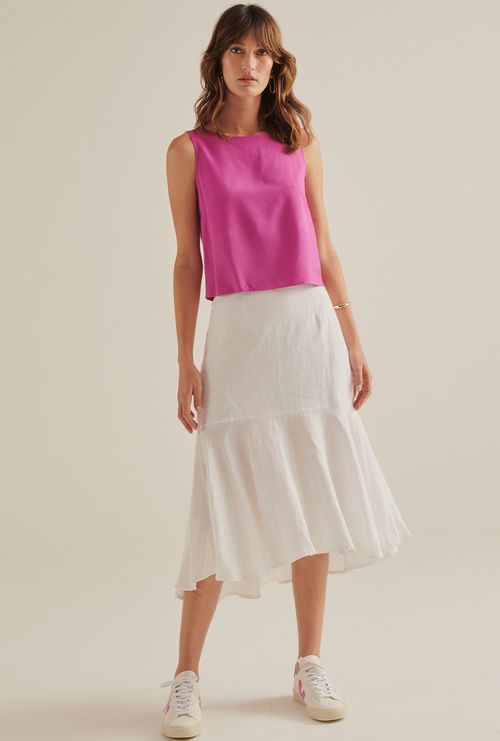 Saia Midi Babado 100% Linho Malmedy Off White