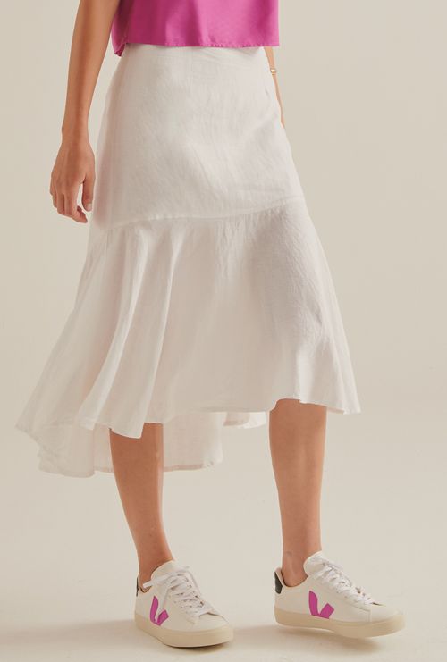 Saia Midi Babado 100% Linho Malmedy Off White