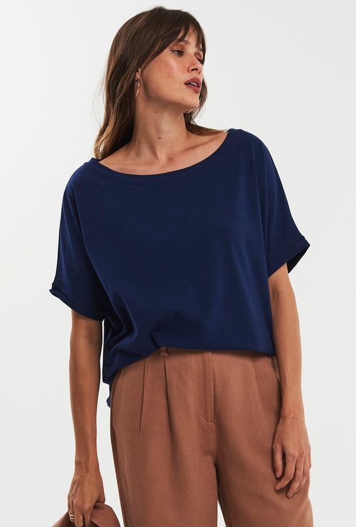 Blusa Meros Gola Canoa e Manga Curta em Algodão Marinho