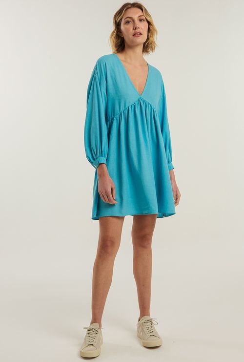 Vestido Maupiti Decote V Viscose e Linho Azul Claro