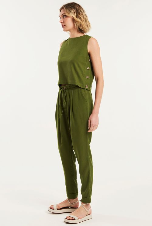 Calça Orango Cordão Cós Viscose e Linho Verde Militar