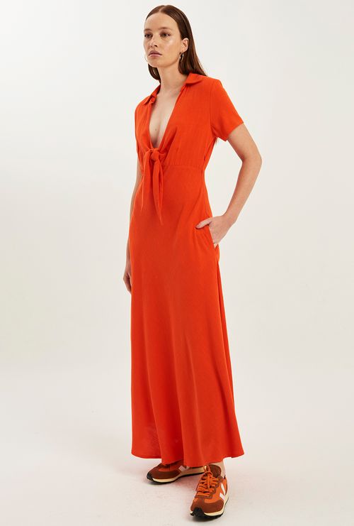 Vestido Palomas Linho Estonado Laranja