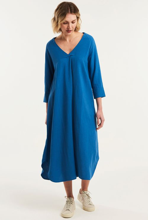 Vestido Campeche Decote V Manga Longa Viscose e Linho Azul