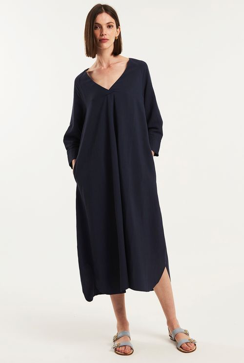 Vestido Campeche Decote V Manga Longa Viscose e Linho Marinho