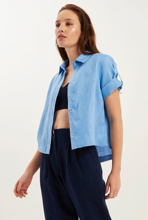 Camisa Kyushu 100% Manga Martingale Linho Azul Claro