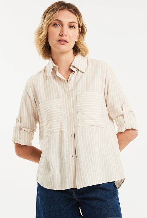 Camisa Timor Listrada Manga Longa Viscose e Linho Bege