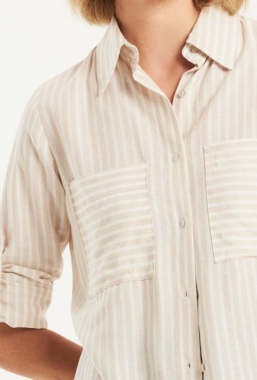 Camisa Timor Listrada Manga Longa Viscose e Linho Bege