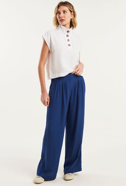 Calça Kabira Cós Amarração em Viscose e Linho Azul