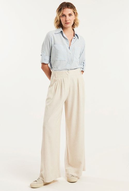 Calça Kabira Cós Amarração em Viscose e Linho Natural