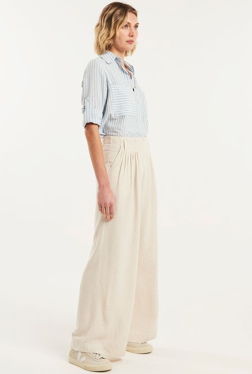 Calça Kabira Cós Amarração em Viscose e Linho Natural