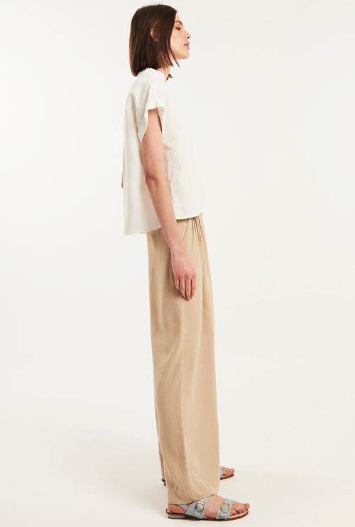 Calça Kabira Cós Amarração em Viscose e Linho Bege