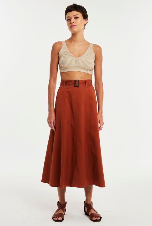 Saia Bruny Midi Com Cinto Telha