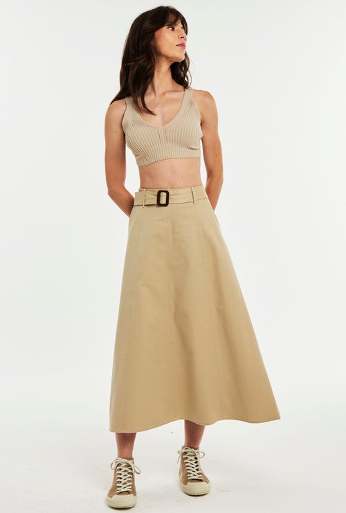 Saia Bruny Midi Com Cinto Caqui