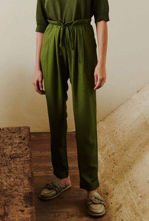Calça Orango Cordão Cós Viscose e Linho Verde Militar