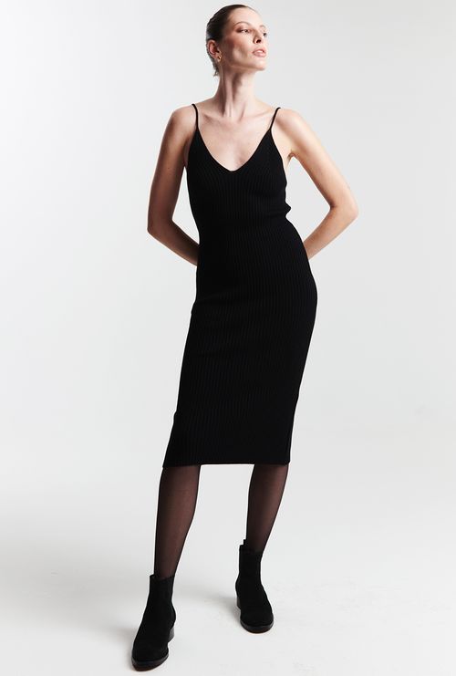 Vestido Tricot Midi Alça Fina Poitiers Preto