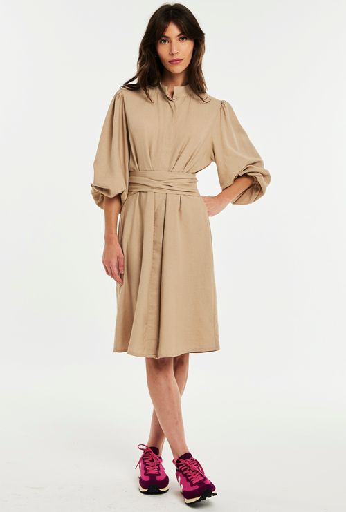 Vestido Frailes Franzido Viscose e Linho Caqui