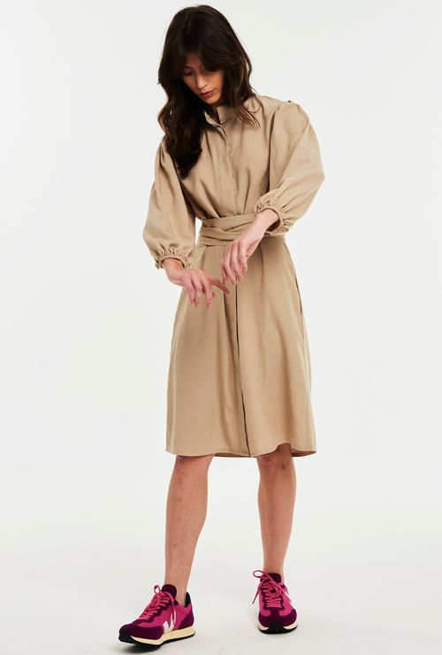 Vestido Frailes Franzido Viscose e Linho Caqui