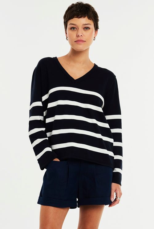 Blusa Amani Tricot Manga Longa Listrado Marinho