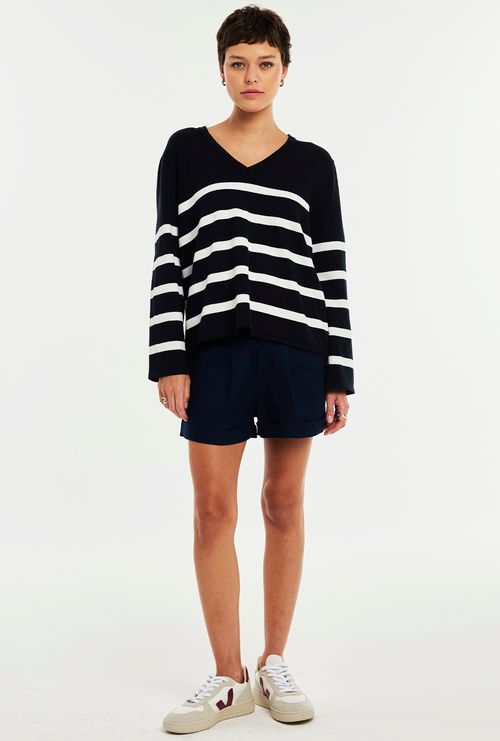 Blusa Amani Tricot Manga Longa Listrado Marinho