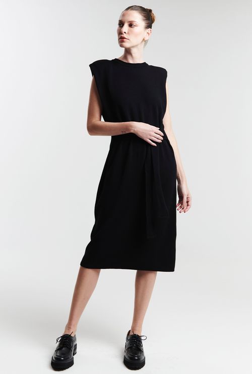 Vestido Midi Transpassado com Ombreira Lille Preto