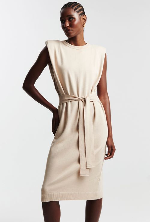 Vestido Midi Transpassado com Ombreira Lille Areia