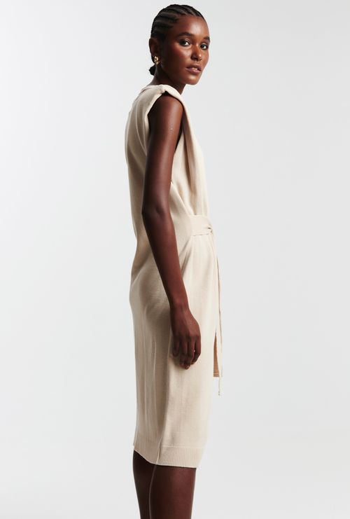 Vestido Midi Transpassado com Ombreira Lille Areia