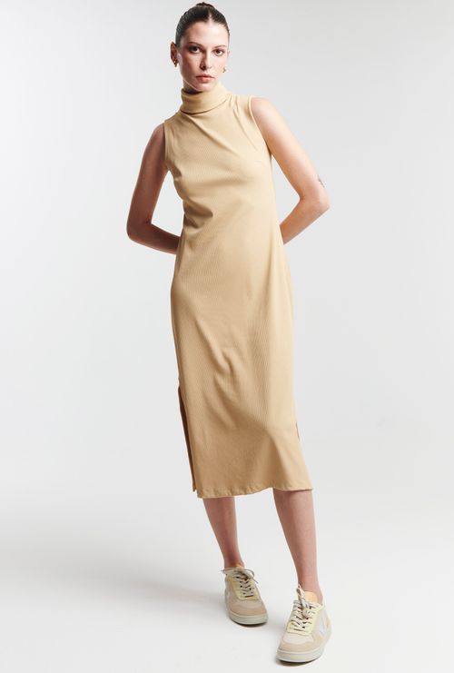 Vestido Longo Sem Manga Gola Alta Moreton Bege