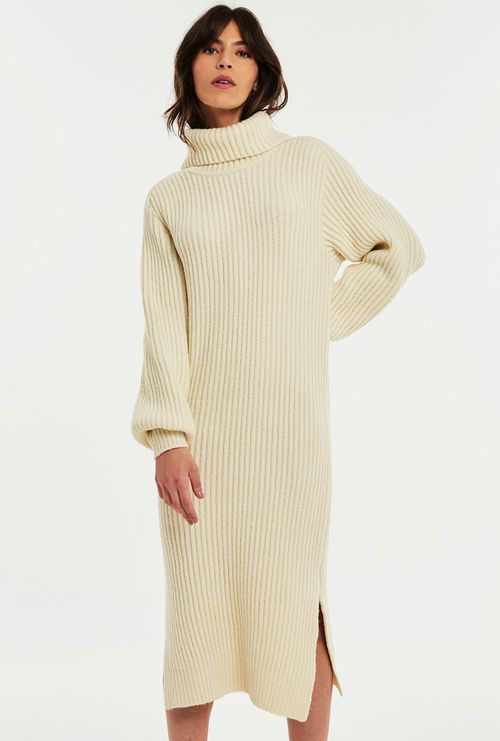 Vestido Midi Sifnos Tricot Longo Gola Alta Off White