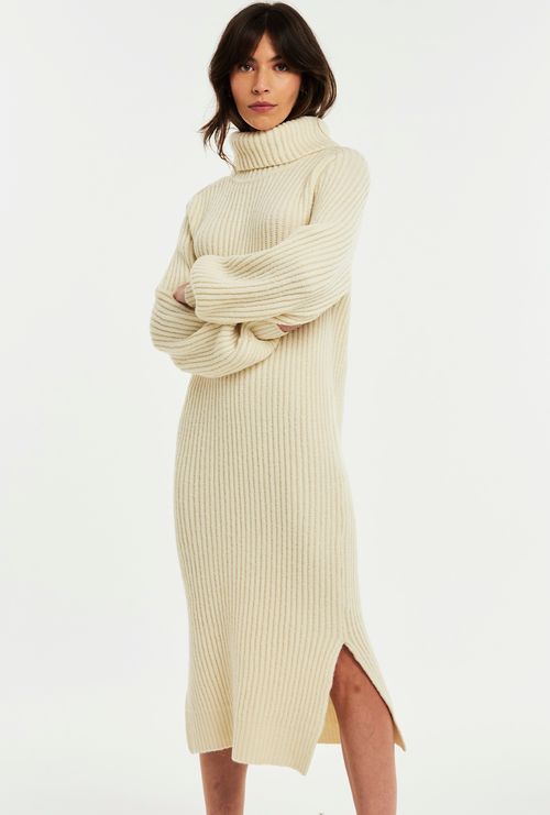 Vestido Midi Sifnos Tricot Longo Gola Alta Off White