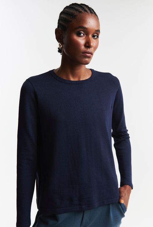 Blusa em Tricot Lausanne Manga Longa Azul Marinho