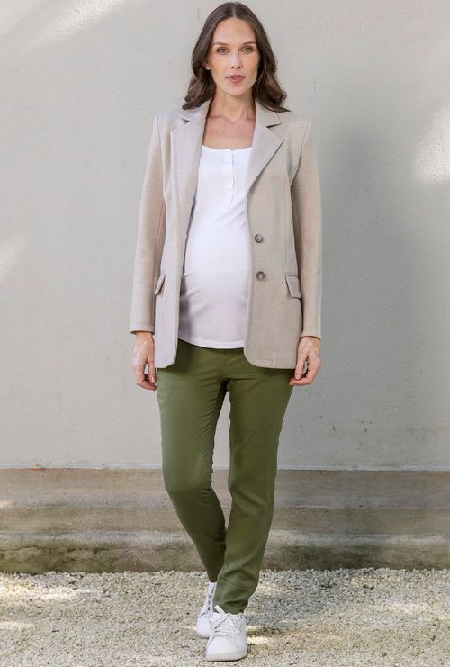 Calça cenoura com barrigueira gestante anjo verde militar
