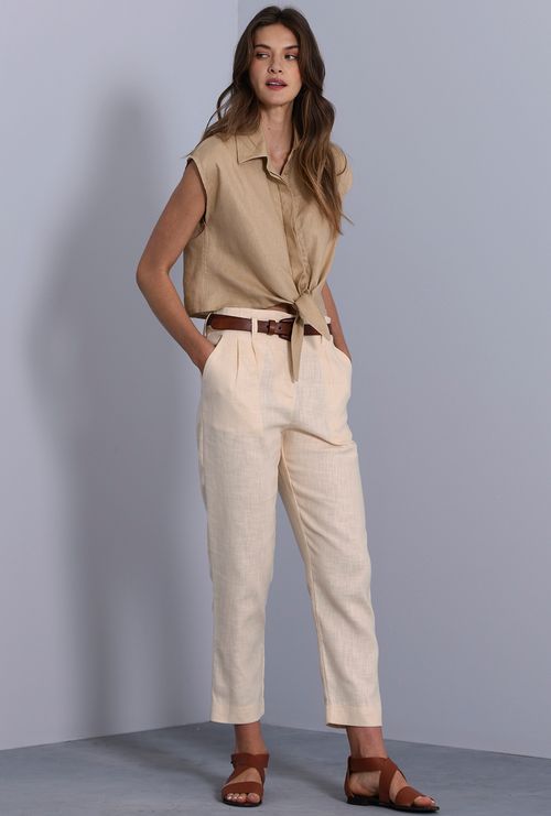 Blusa Mahé Amarração Manga Curta 100% Linho Bege