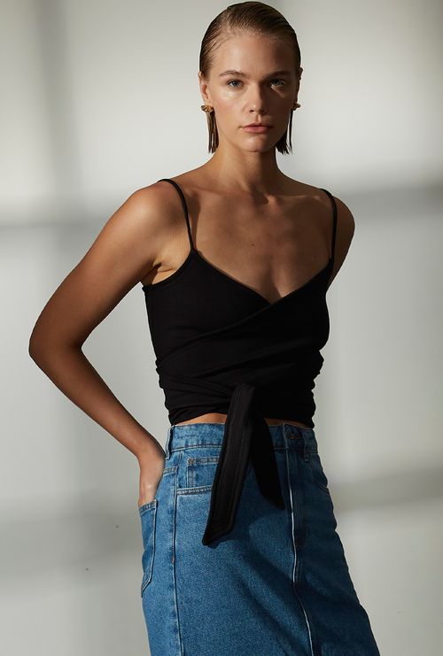 Top Abrolhos Amarração Malha Estruturada Viscose Preto