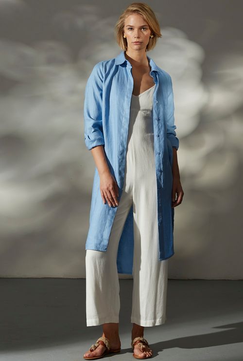 Chemise anadia 100% linho com fendas laterais azul claro