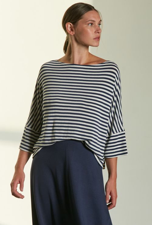 Blusa organi em modal gola canôa listra marinho