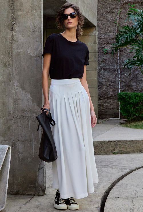 Saia Midi com pregas Cairu Crepe Patou Off White