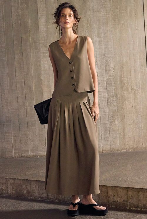 Saia Midi com pregas Cairu Crepe Patou Fendi