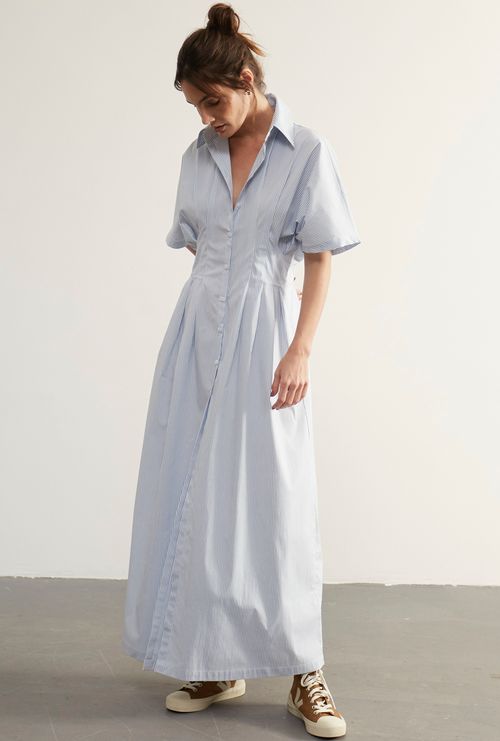 Chemise Longa com Prega na Cintura Cian Listra Azul