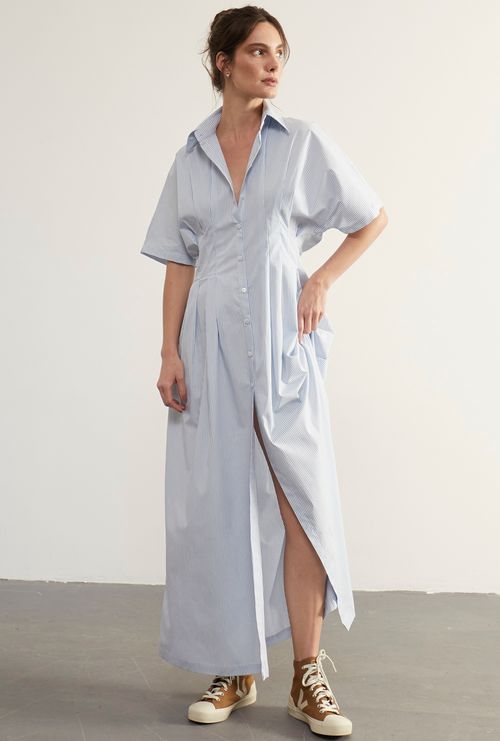 Chemise Longa com Prega na Cintura Cian Listra Azul