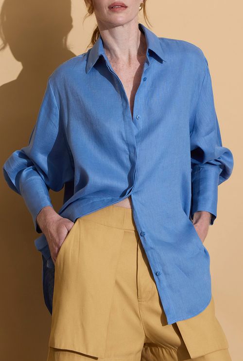 Camisa Cuba Oversized em Linho Azul Jeans