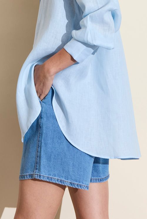 Camisa Cuba Oversized em Linho Azul Claro