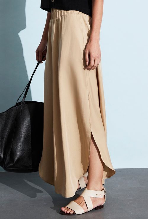 Saia Midi Chelba Lyocell com Fendas Laterais Areia