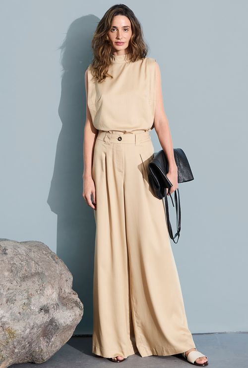 Calca Pantalona com Prega Camager Areia