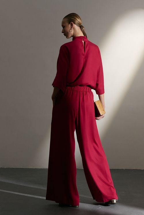 Calça Camager Pantalona Com Pregas Vermelha