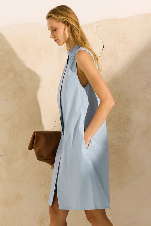 Vestido Turim Franzido Tricoline Algodão e Elastano azul Claro